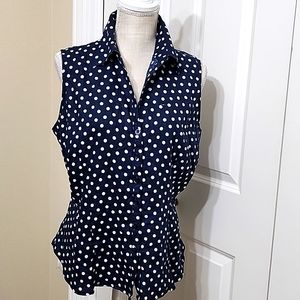 Saint Tropez West Navy Blue and White Polka Dot Sleeveless Button-Down Top